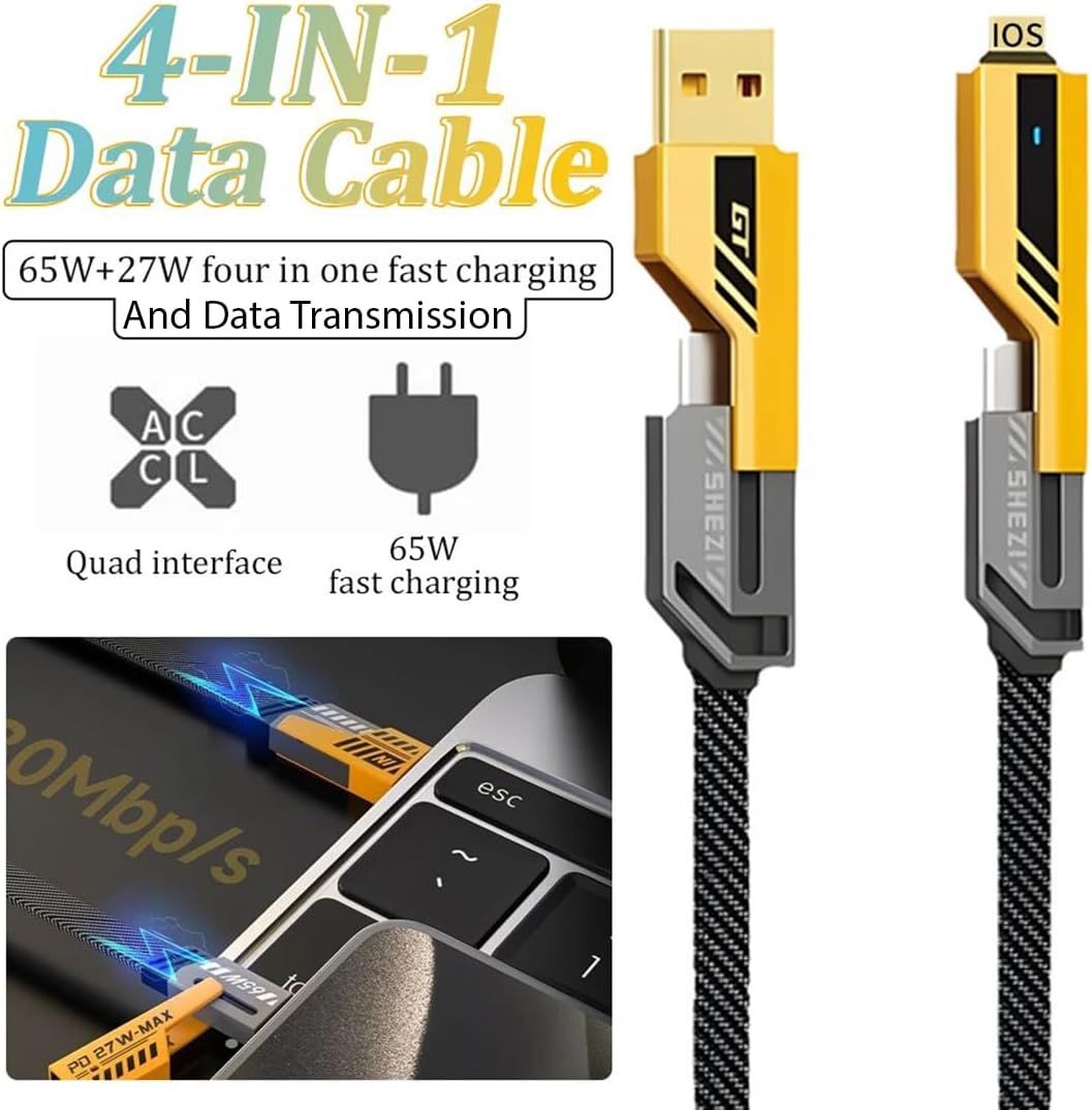 4 in 1 Multi Charging Cable – USB Type C & Lightning Fast Charging Cable with Data Sync for iPhone, Android & Devices