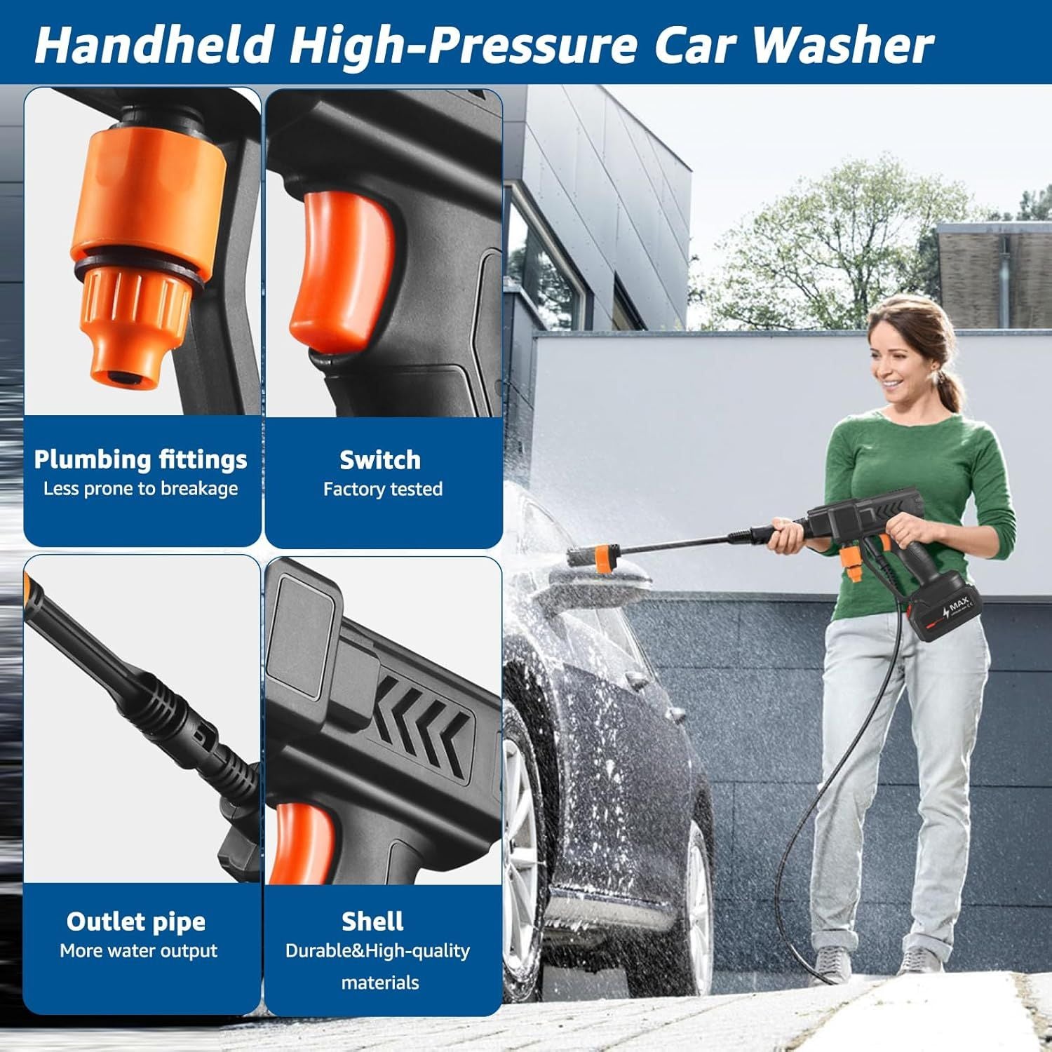 High Pressure Water Cleaning Sprayer 21V – Portable Cordless Pressure Washer with 6 Mode Nozzle for Car Wash & Garden Use